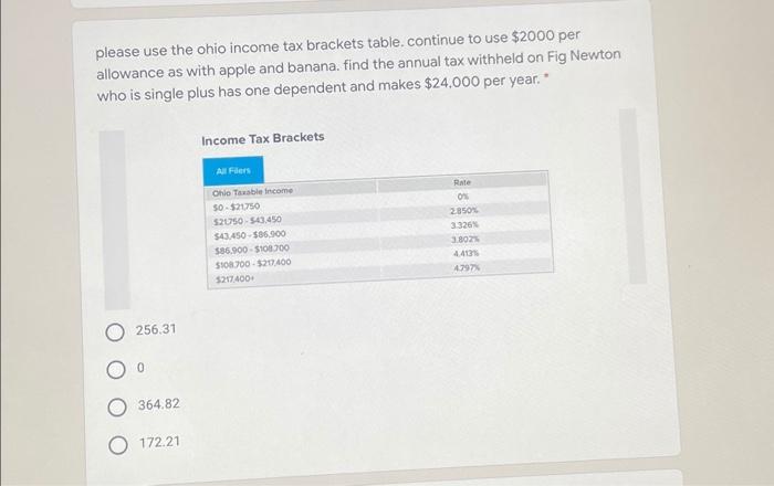  please use the ohio income tax brackets table continue to use
