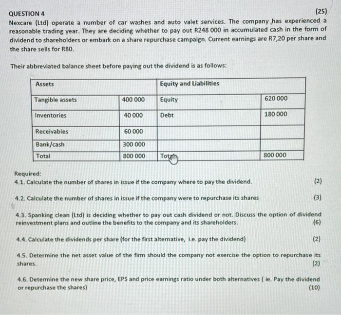 Answer with full details workings. QUESTION 4 (25) Nexcare (Ltd) operate a