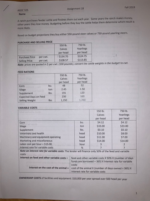  Assignment 18 Fall 2019 AGEC 325 Name A ranch purchases feeder