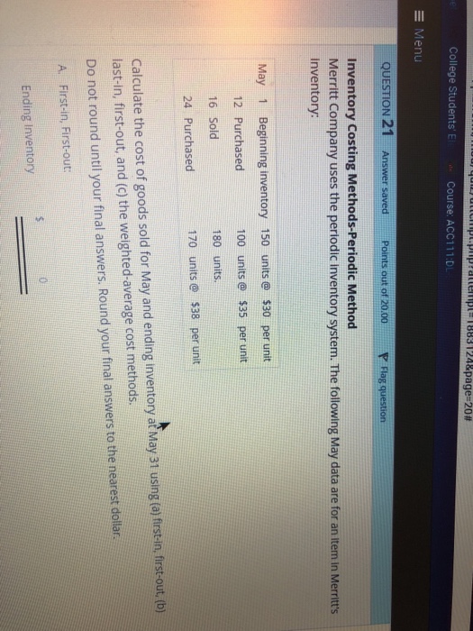  attempt 1883124&page 20 # College Students' E Course: ACC111.D E Menu