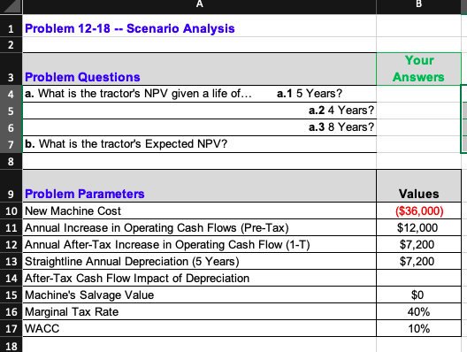 1 Problem 12-18 -- Scenario Analysis 2 Your 3 Problem Questions