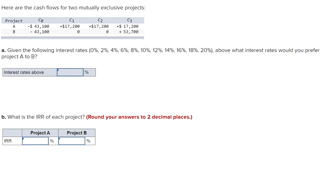 Here are the cash flows for two mutually exclusive projects: Project