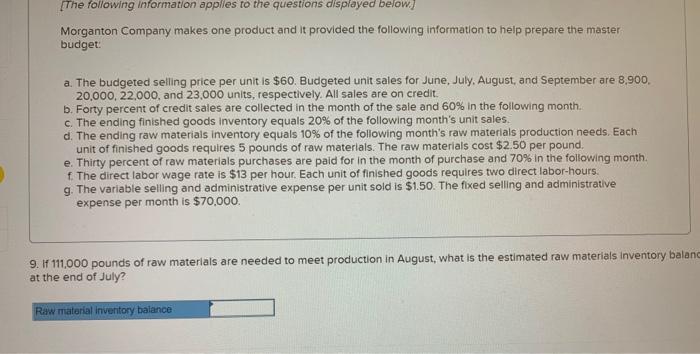 the master budget: a. The budgeted selling price per unit is $60.