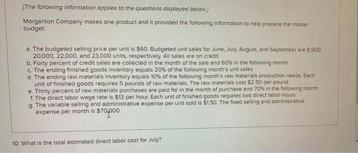 Budgeted unit sales for June July August, and September are 8,900, 20,000,