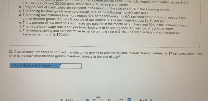 and 60% in the following month c. The ending finished goods inventory