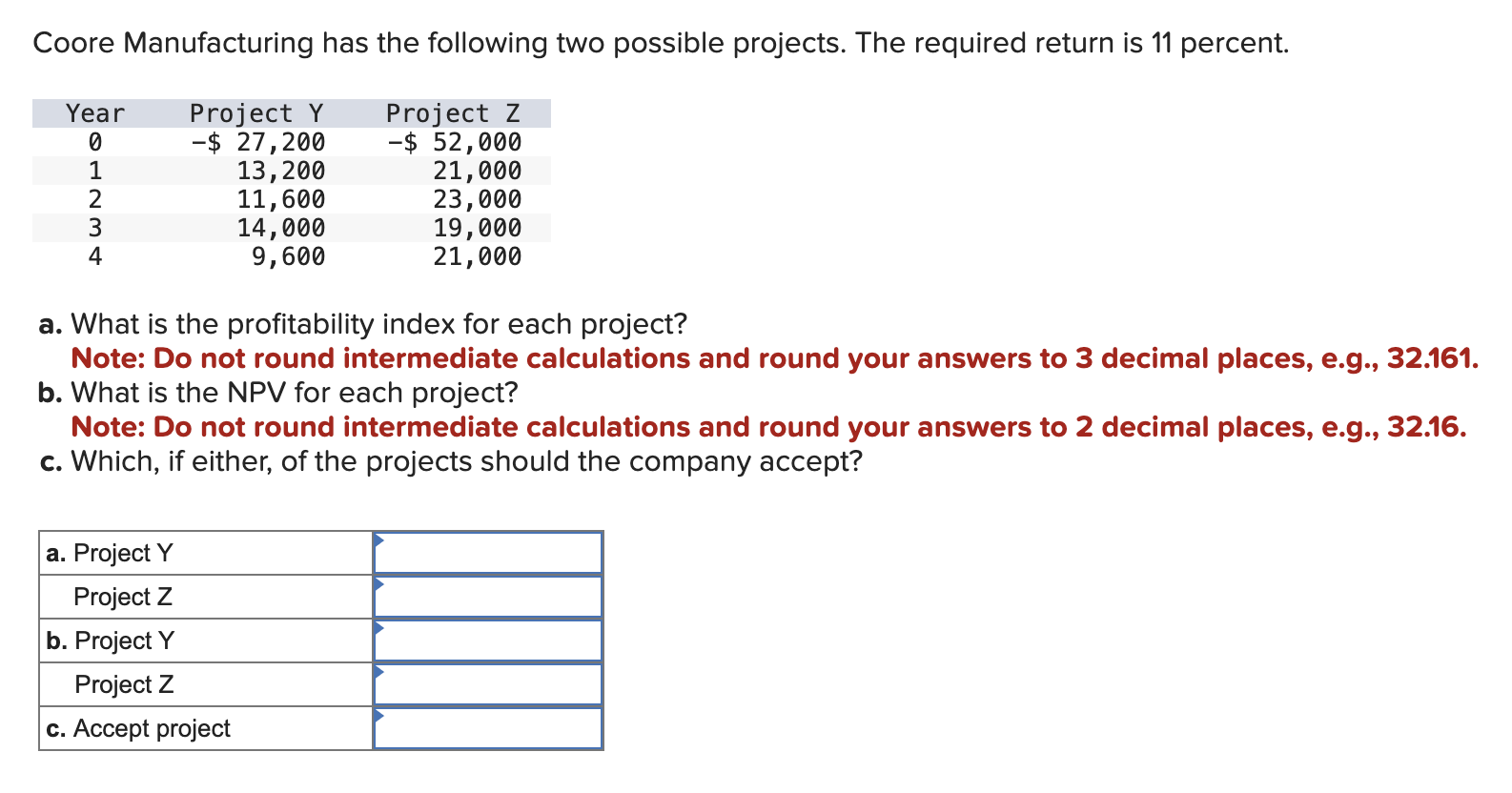  Coore Manufacturing has the following two possible projects. The required return