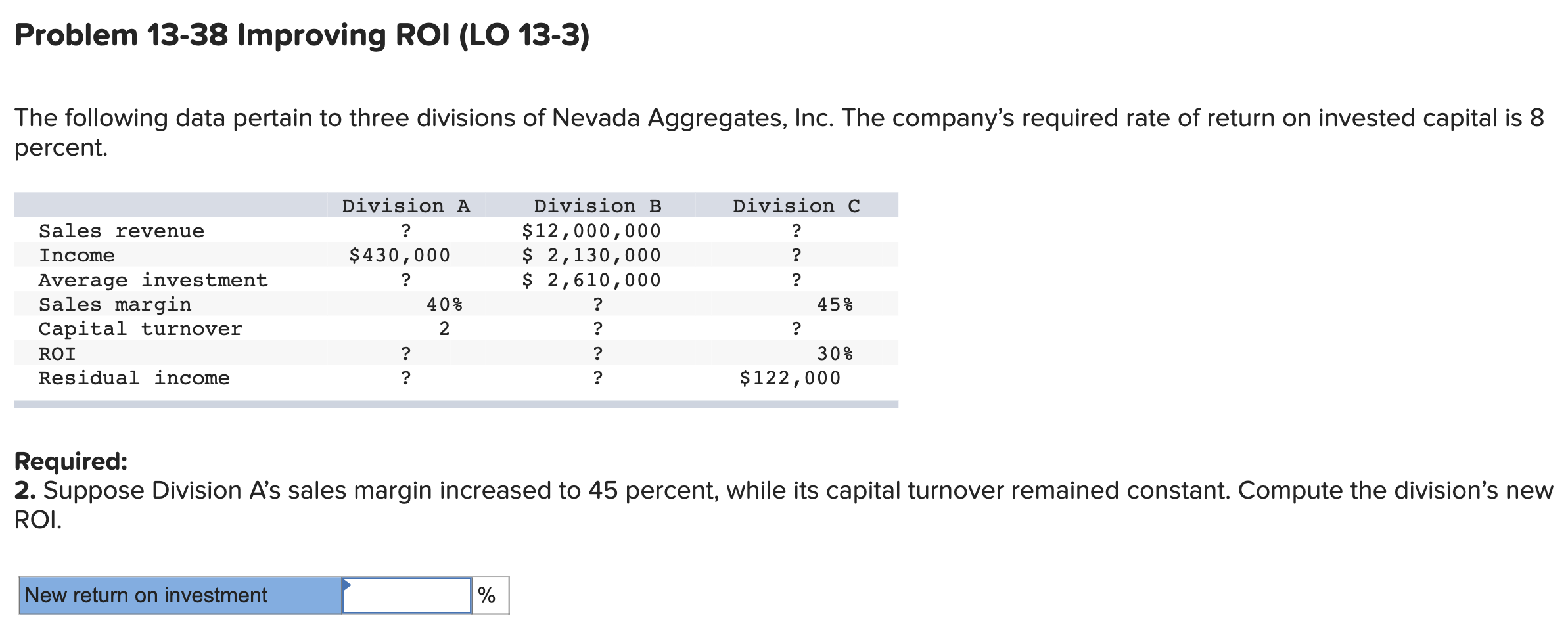  Problem 13-38 Improving ROI (LO 13-3) The following data pertain to