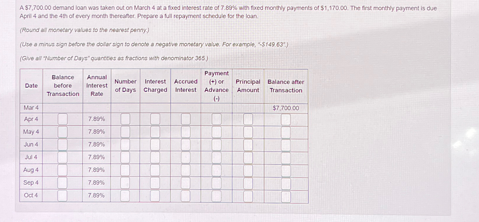  A $7,700.00 demand loan was taken out on March 4 at