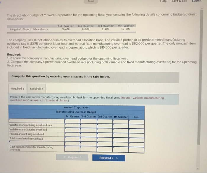  Saved Help Save & Exit Submit The direct labor budget of