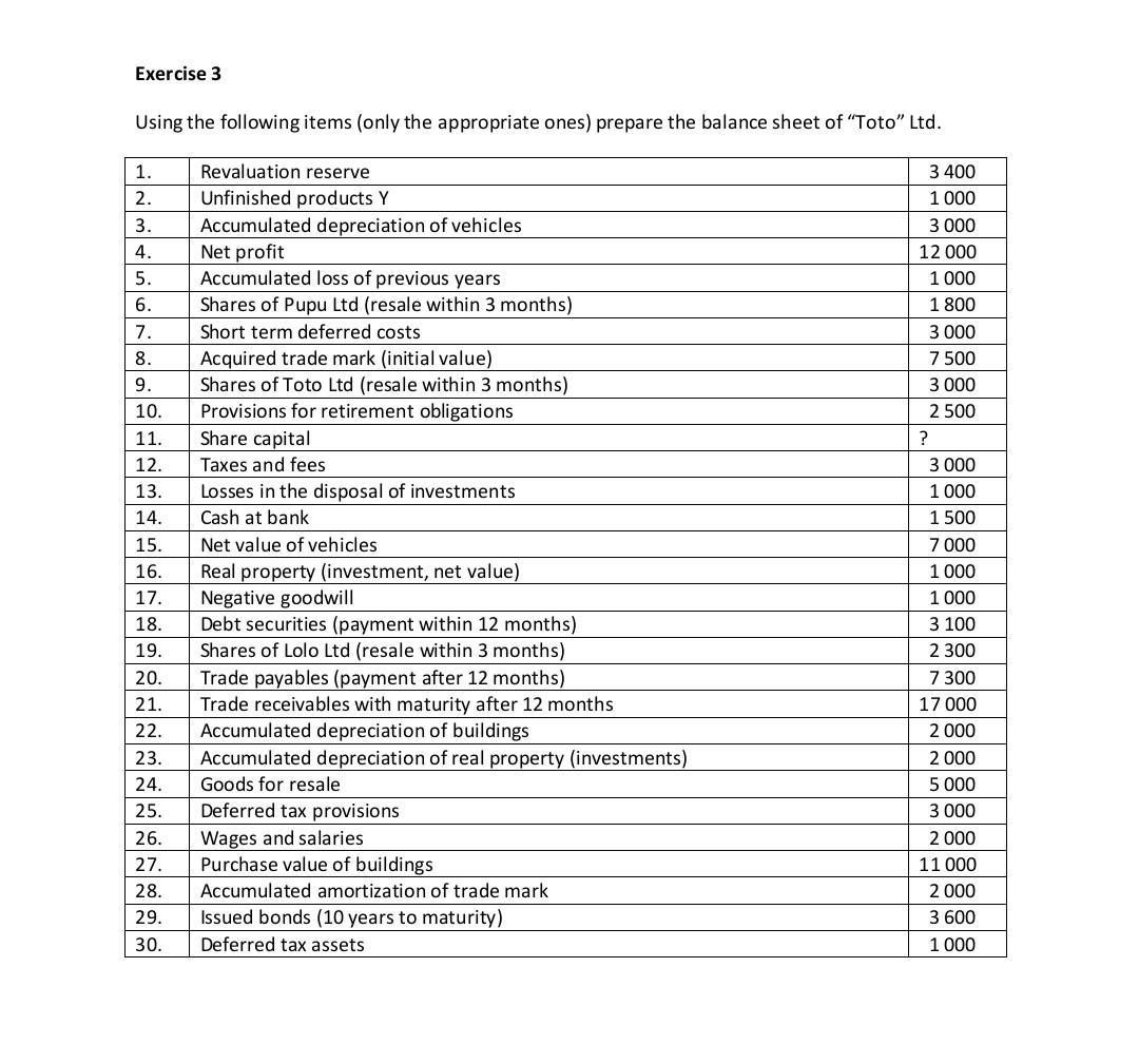  Exercise 3 Using the following items (only the appropriate ones) prepare