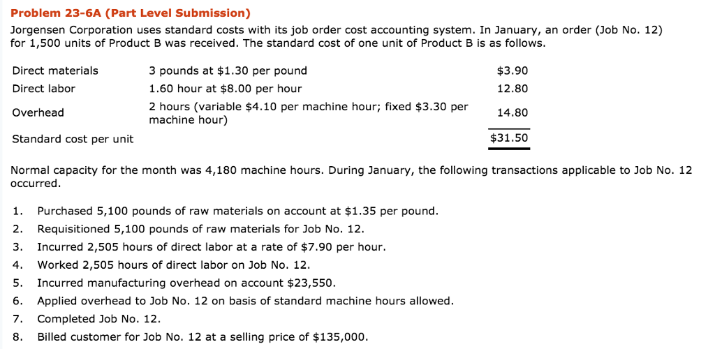 Please do part D Problem 23-6A (Part Level Submission) Jorgensen Corporation uses
