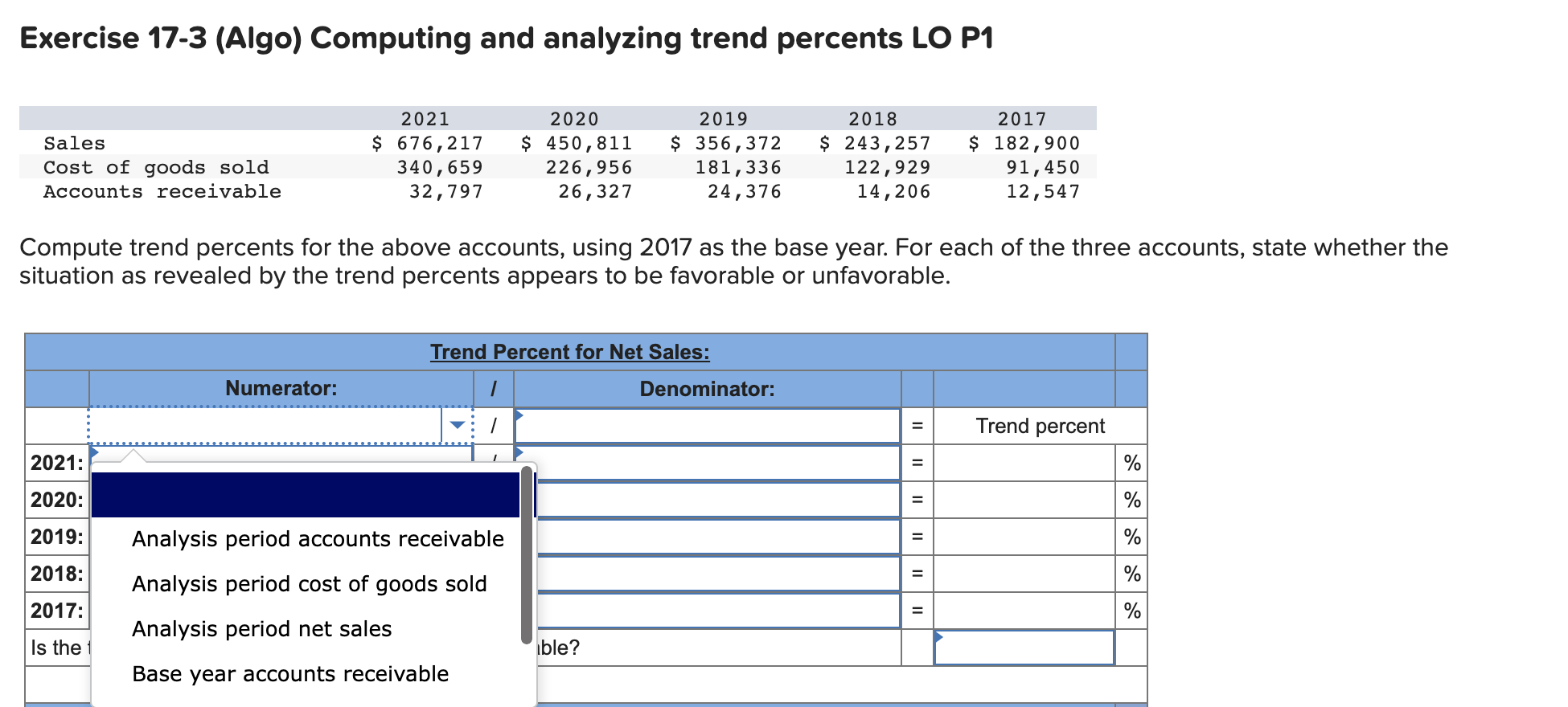 Exercise 17-3 (Algo) Computing and analyzing trend percents LO P1 Compute