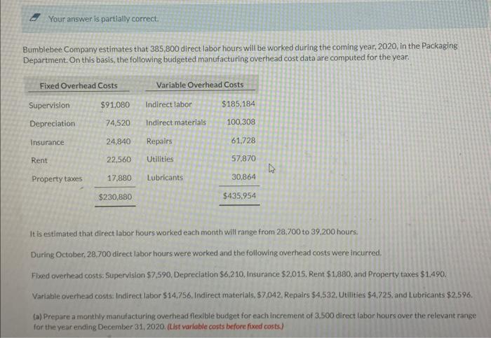 fix the red mistakes please Your answer is partially correct. Bumblebee Company