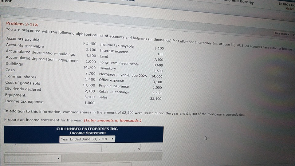  lent We, alid Burnley INTRO FIN Grace Problem 3-11A FULL SCREEN