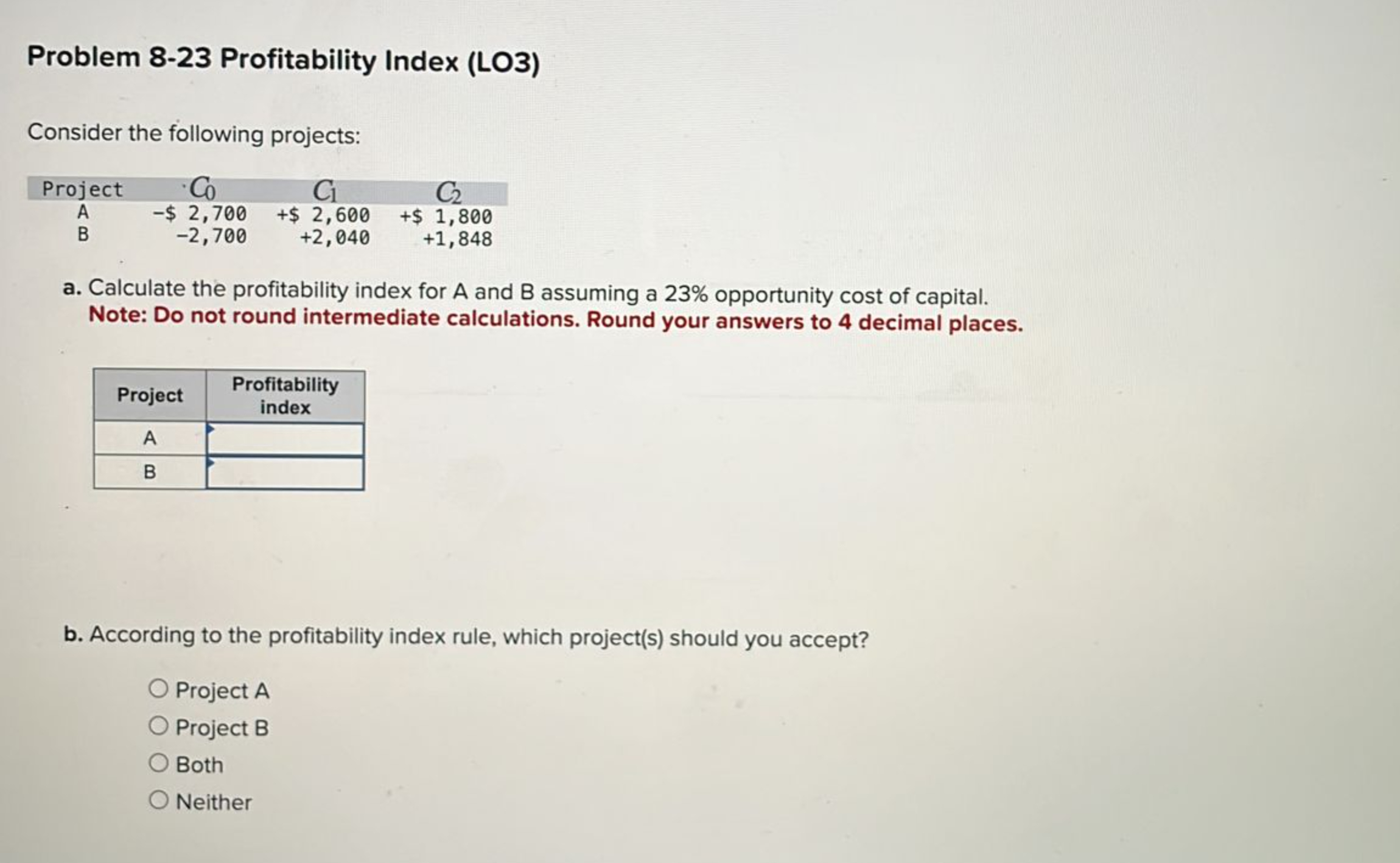  Problem 8-23 Profitability Index (LO3) Consider the following projects: a. Calculate