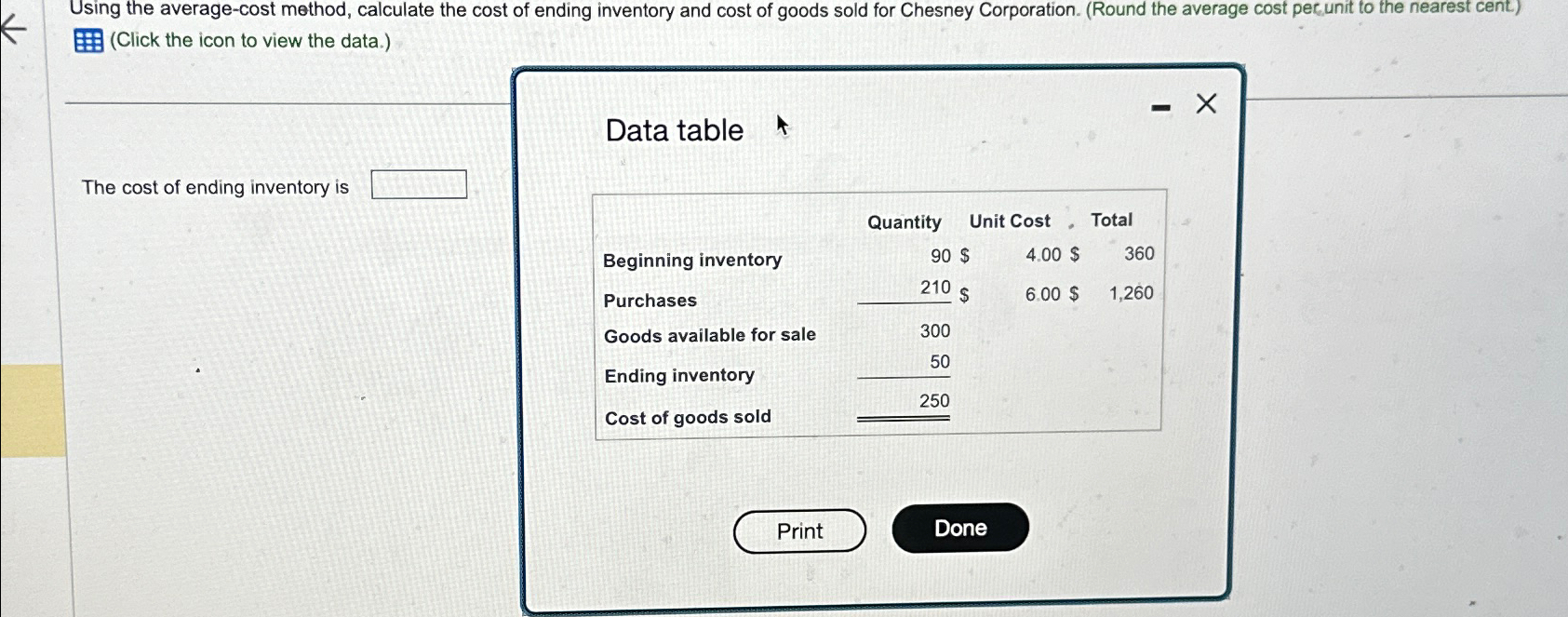 Using the average-cost method, calculate the cost of ending inventory and