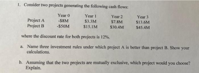  1. Consider two projects generating the following cash flows: where the