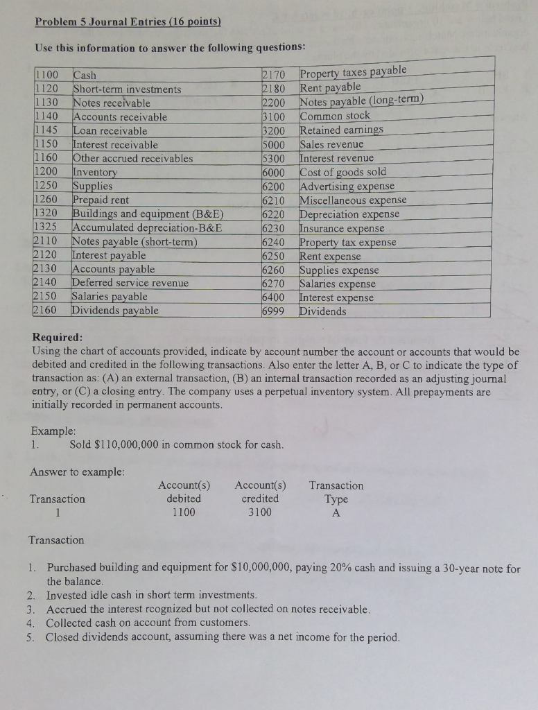  Problem 5 Journal Entries (16 points) Use this information to answer