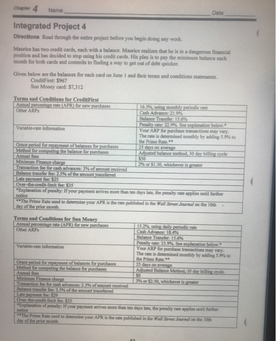 Chapter 4 Name Date Integrated Project 4 Directions Read through the