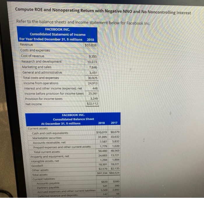 PLEASE HELP!!! Compute ROE and Nonoperating Return with Negative NNO and No