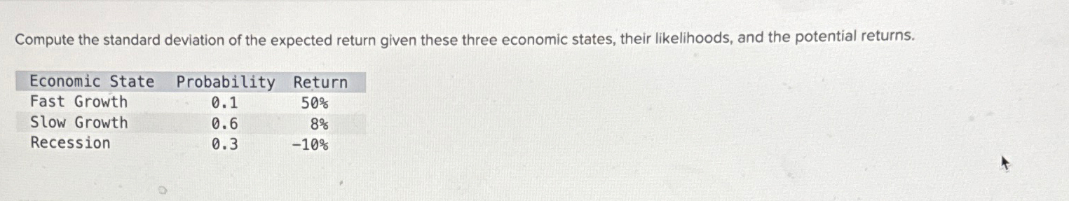  Compute the standard deviation of the expected return given these three