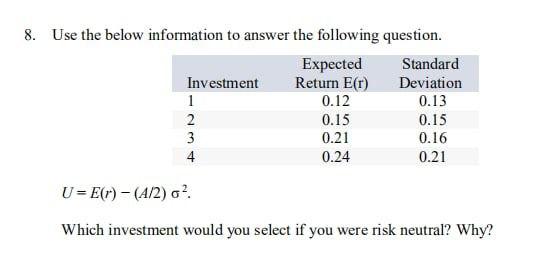 8. Use the below information to answer the following question. Expected
