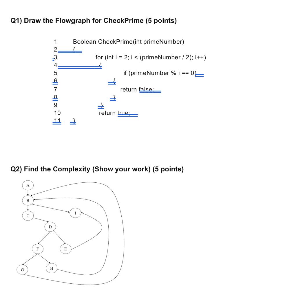  Q1) Draw the Flowgraph for CheckPrime (5 points) Q2) Find the