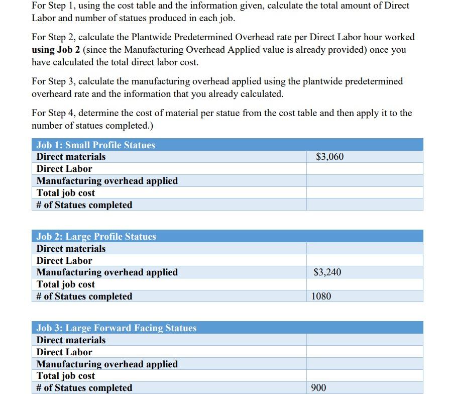  For Step 1, using the cost table and the information given,