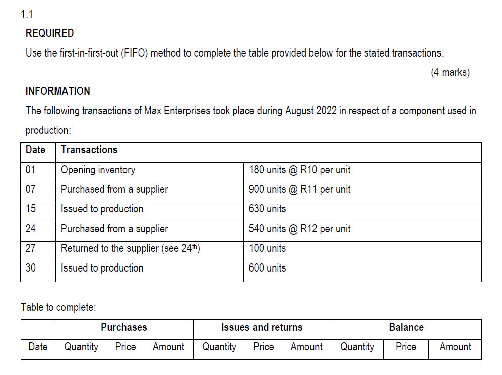  REQUIRED Use the first-in-first-out (FIFO) method to complete the table provided