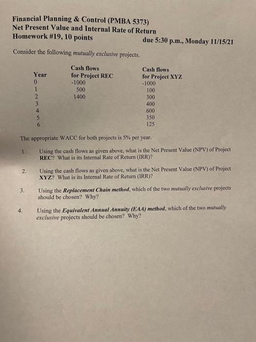  Financial Planning & Control (PMBA 5373) Net Present Value and Internal