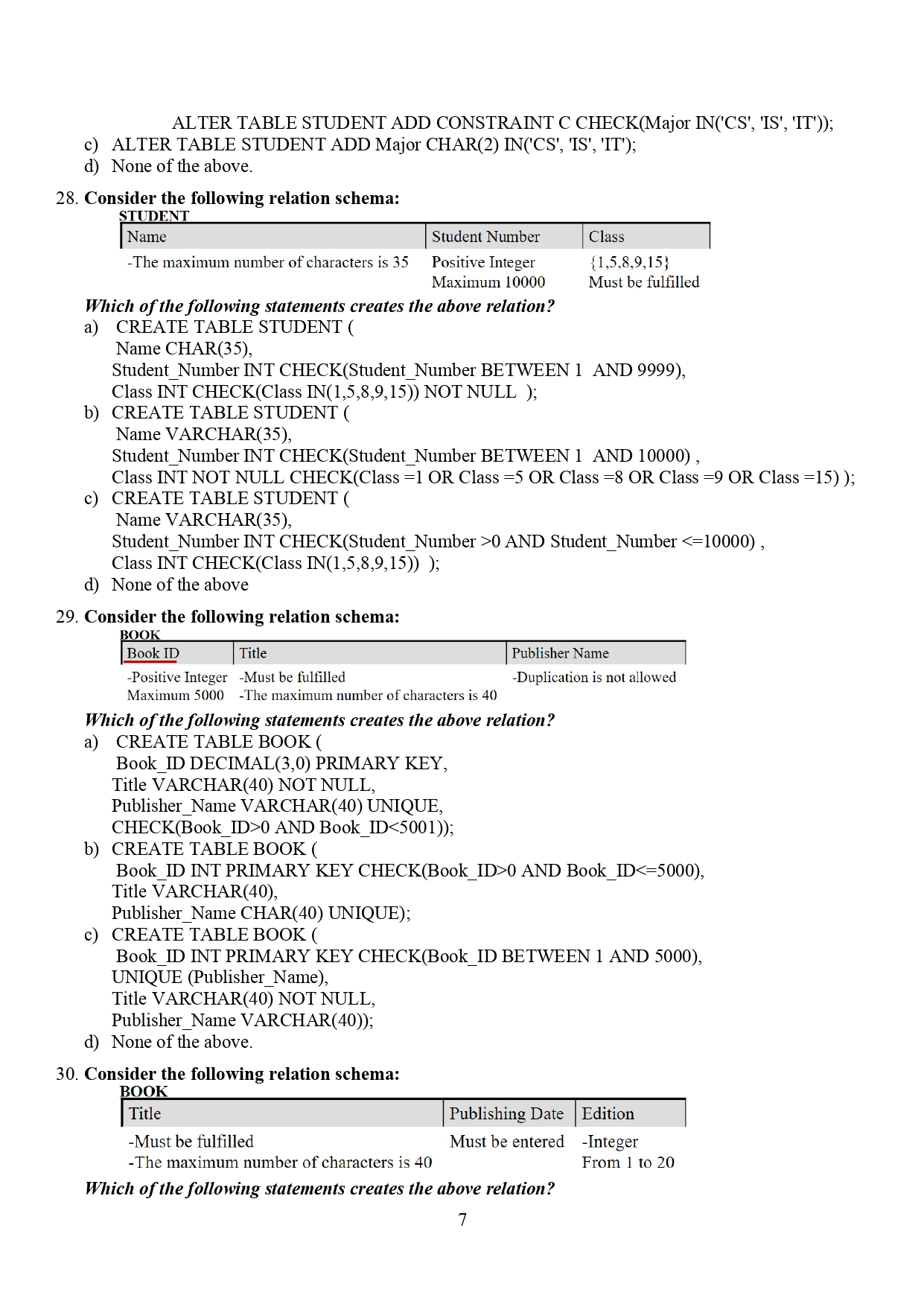  ALTER TABLE STUDENT ADD CONSTRAINT C CHECK(Major IN('CS','IS','IT')); c) ALTER TABLE