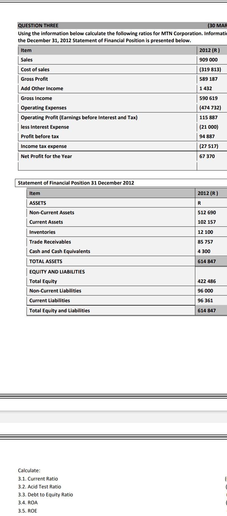  QUESTION THREE (30 MAR Using the information below calculate the following