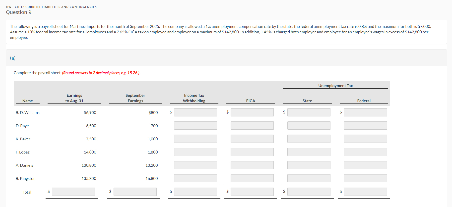  HW - CH 12 CURRENT LIABILITIES AND CONTINGENCIES Question 9 employee.