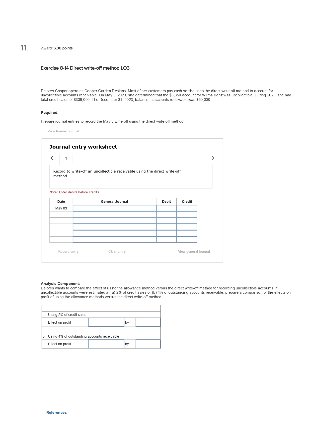  Award: 6.00 points Exercise 8-14 Direct write-off method LO3 Delores Cooper