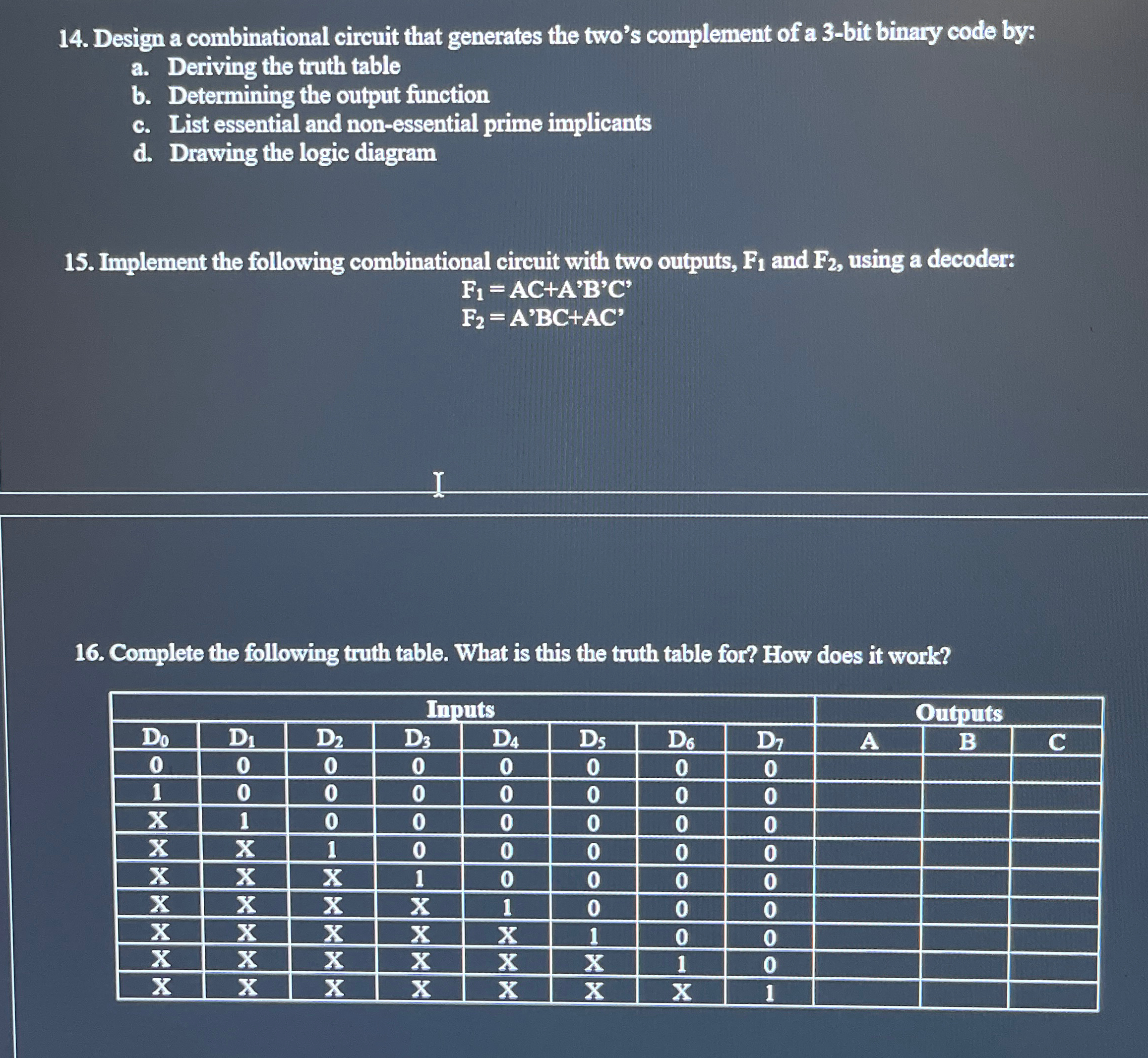  Design a combinational circuit that generates the two's complement of a