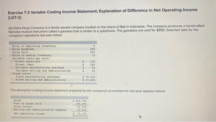  Exercise 7.2 Variable Costing Income Statement; Explanation of Difference in Net