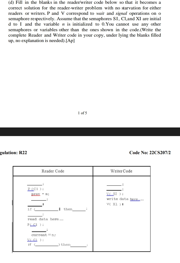  (d) Fill in the blanks in the reader/writer code below so