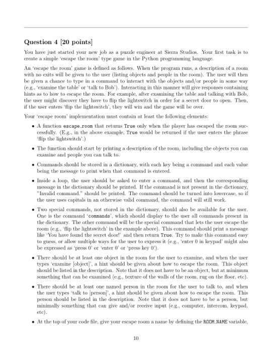  Simple Escape Room text game using python Question 4 (20 points]