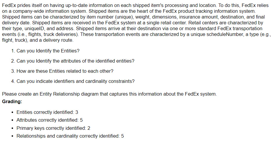 NEED HELP PLEASE. Need a entity relationship diagram FedEx prides itself on