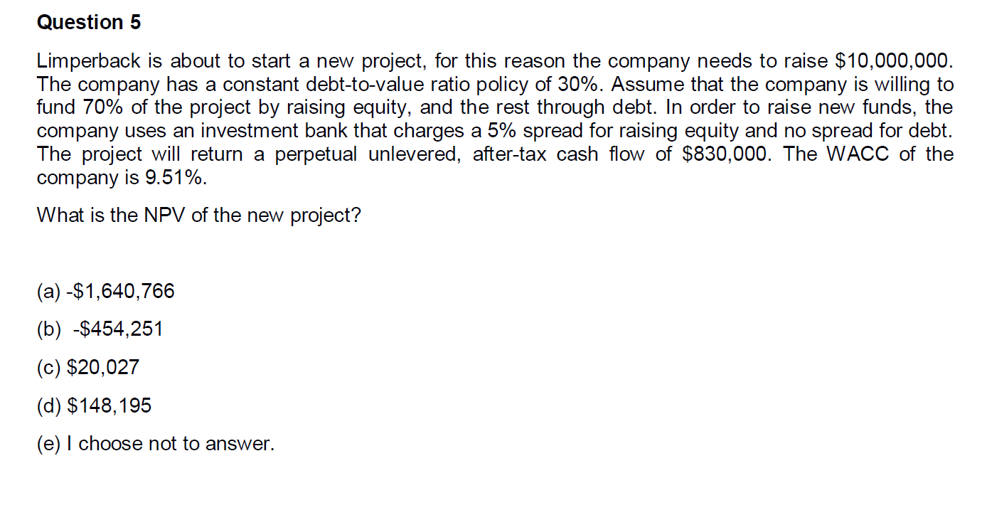 Question 5 Limperback is about to start a new project, for