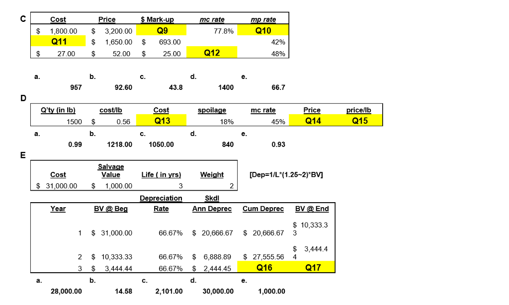 Problems are indicated by question numbers. Answer choices are provided by