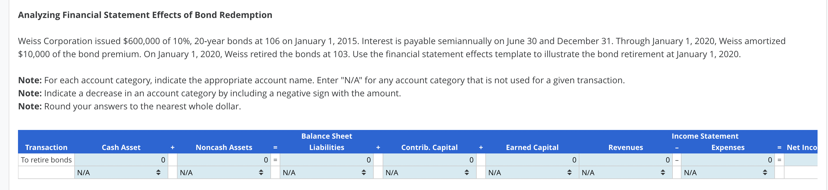  Analyzing Financial Statement Effects of Bond Redemption Note: For each account