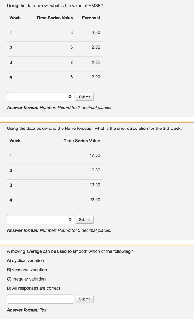 Using the data below, what is the value of RMSE? Week