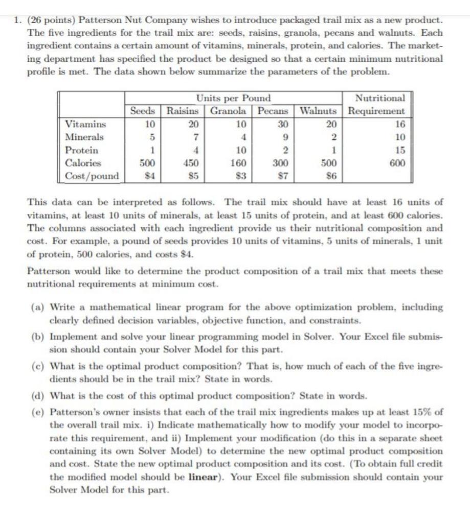 Needed only d and e 1. (26 points) Patterson Nut Company wishes