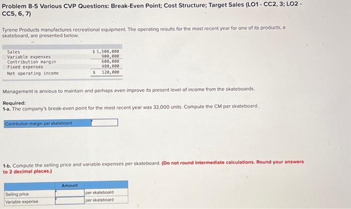  Problem 8-5 Various CVP Questions: Break-Even Point; Cost Structure; Target Sales