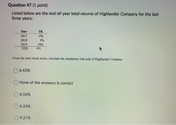  Question 47 (1 point) Listed below are the end-of-year total returns