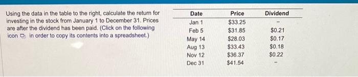  Using the data in the table to the right, calculate the