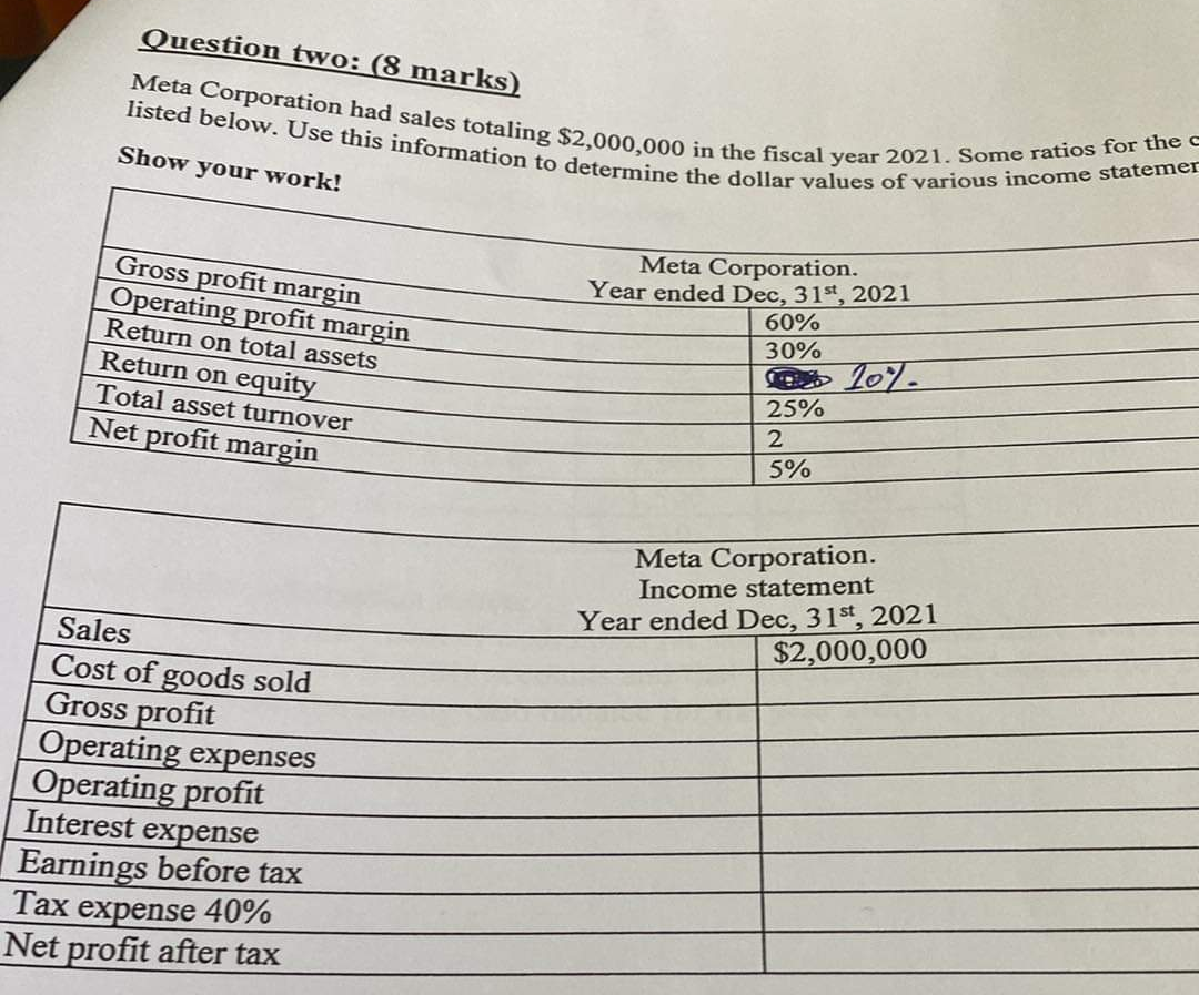  Question two: (8 marks) listed below. Use this information to determine