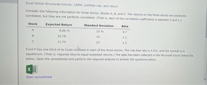  Excel Online Structured Activity: CAPM, portfolio risk, and return Consider the