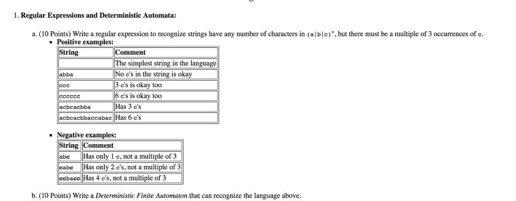  1. Regular Expressions and Deterministic Automata: a. (10 Points) Write a